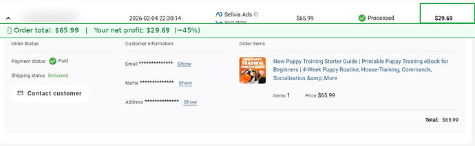 Example order: $65.99 sale → $29.69 net profit (~45%)