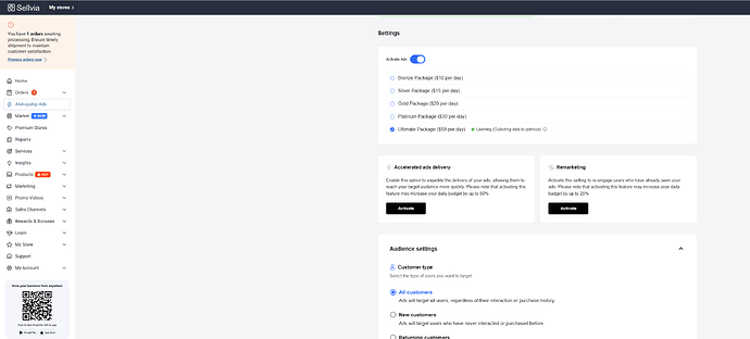 This is what built-in traffic looks like on Sellvia - five budget tiers from $10 to $50 per day, activated with one click, no marketing expertise required. Stan Store has nothing equiv