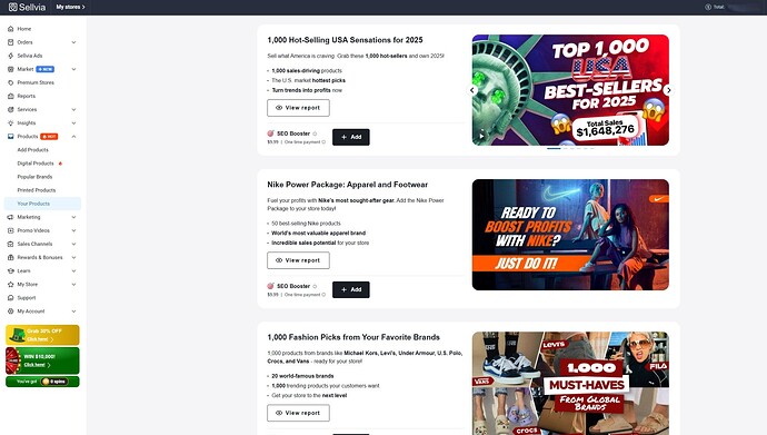 Inside the product catalog - plenty of options to add